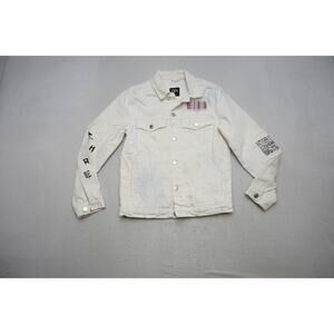 ZARA Man White Denim Jacket Sz S Barcode Abstract Art Print Graphic Streetwear